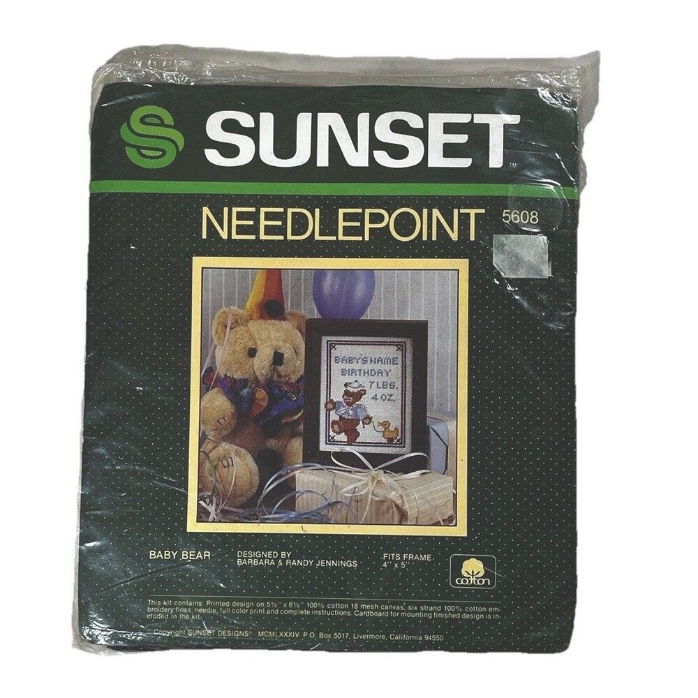 Vintage 1984 Sunset Needlepoint Kit #5608 "Baby Bear DOB" - 4X x 5X Open Box